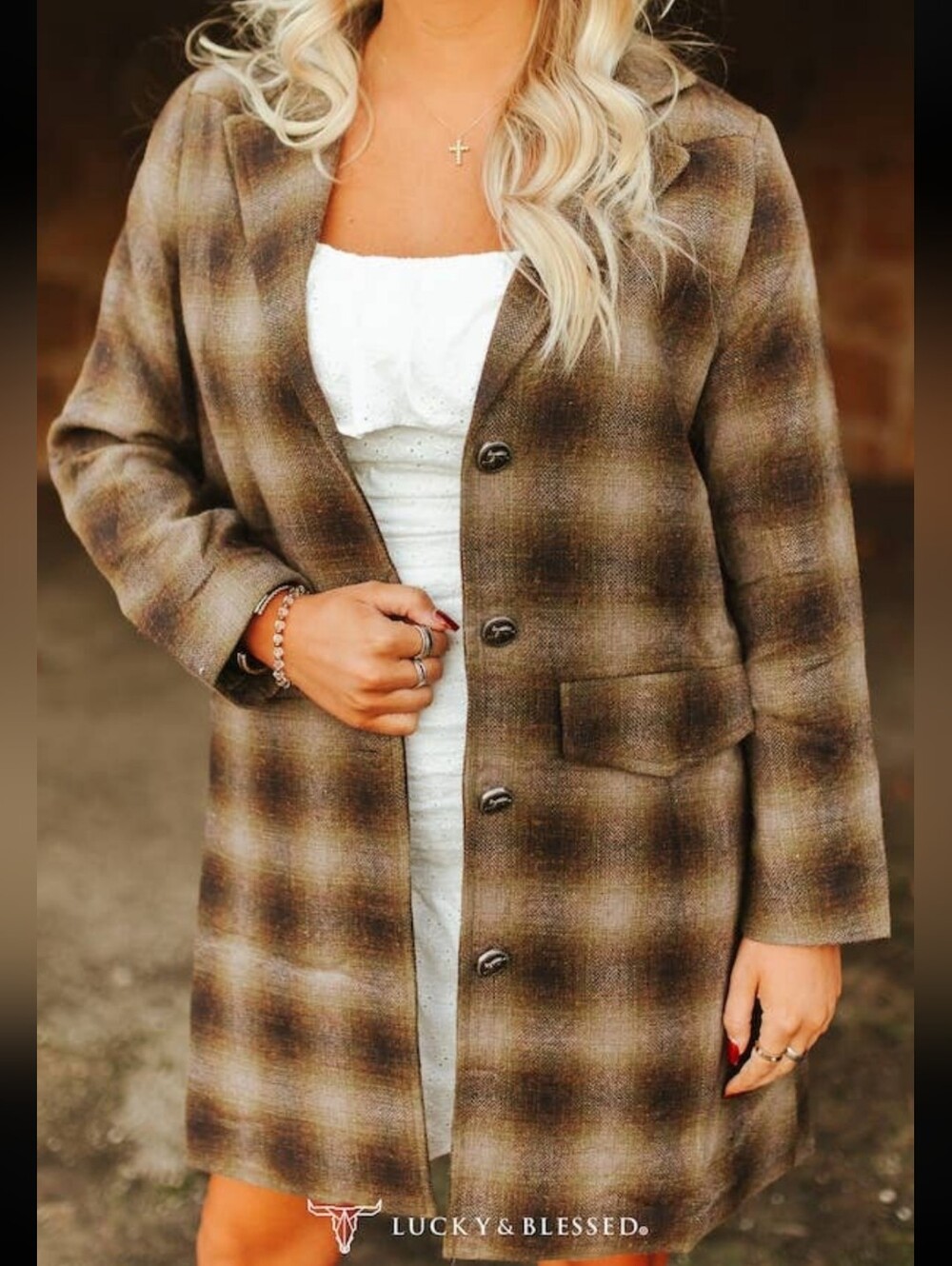 NWT Brown Plaid Western Yoke Long Sleeve Long Blazer